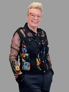 ADORE Black Denim with sheer floral embroidered panels & sleeves - Women's Large